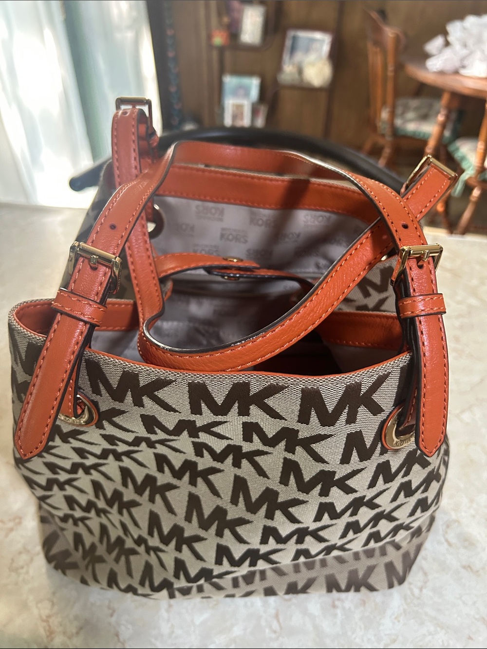 MICHAEL Michael Kors Beige MK Logo Shoulder Bag with Orange Trim